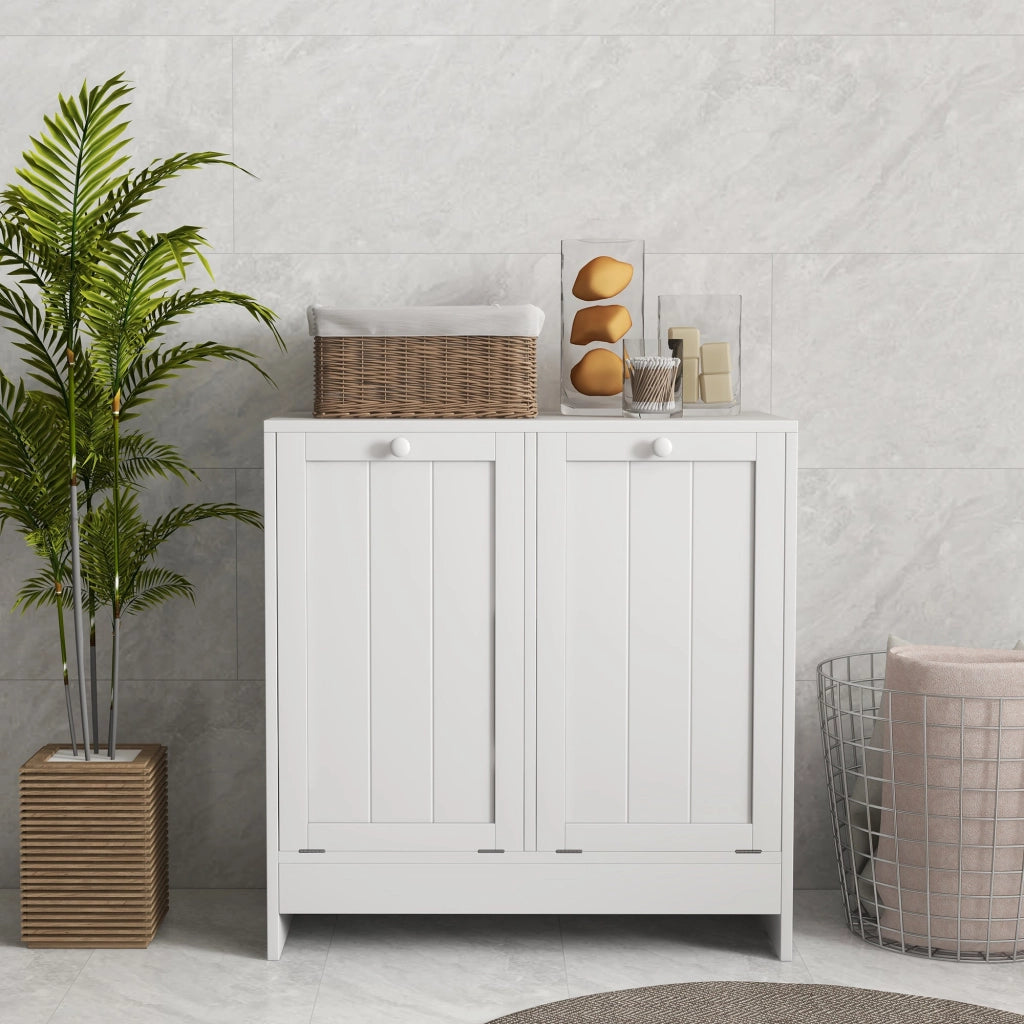Mobile Portabiancheria con 2 Scomparti a Ribalta 66x33x68 cm in Legno Bianco