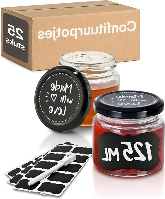 25 contenitori da confetture Piccoli 125 ml Imbusti a prova di aria Lavabili in lavastoviglie - Con etichette e pennarellino - Ideali come regalo contenitori da confetture con coperchio