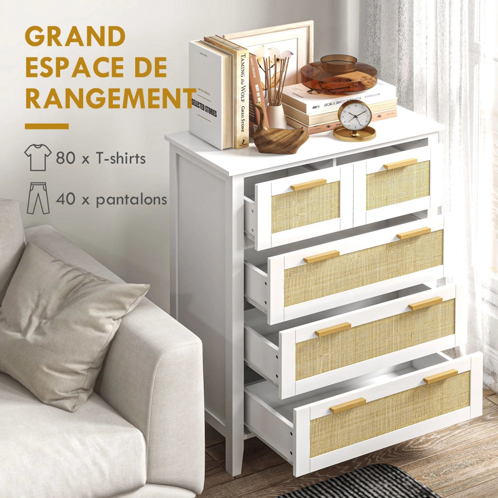 Cassettiera 5 Cassetti Legno Massiccio Maniglie in Legno ¨C Minimal ¨C Bianco 77x37x104