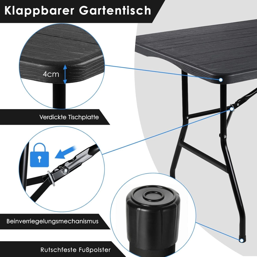 Tavolo da Giardino Pieghevole 180x75 cm,Tavolo da Buffet con Impugnatura di Trasporto,Tavolo Pieghevole in HDPE Plastica per 10 Persone,Ottica in Legno,Tavolo da Campeggio Tavolo Feste