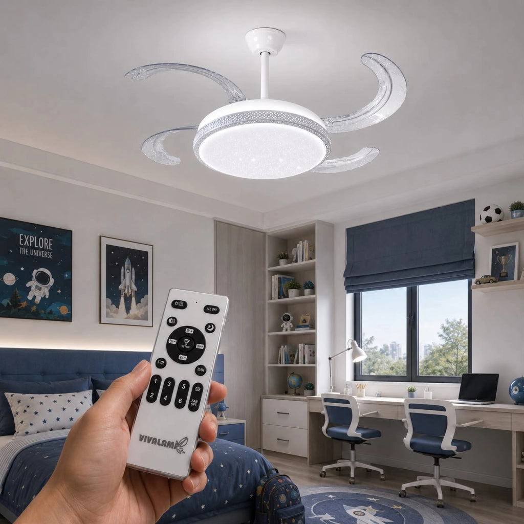 Ventilatore da Soffitto LED 80W 42" con 4 Pale Retrattili, Telecomando, Luce Dimmerabile Calda Naturale Fredda - Bianco