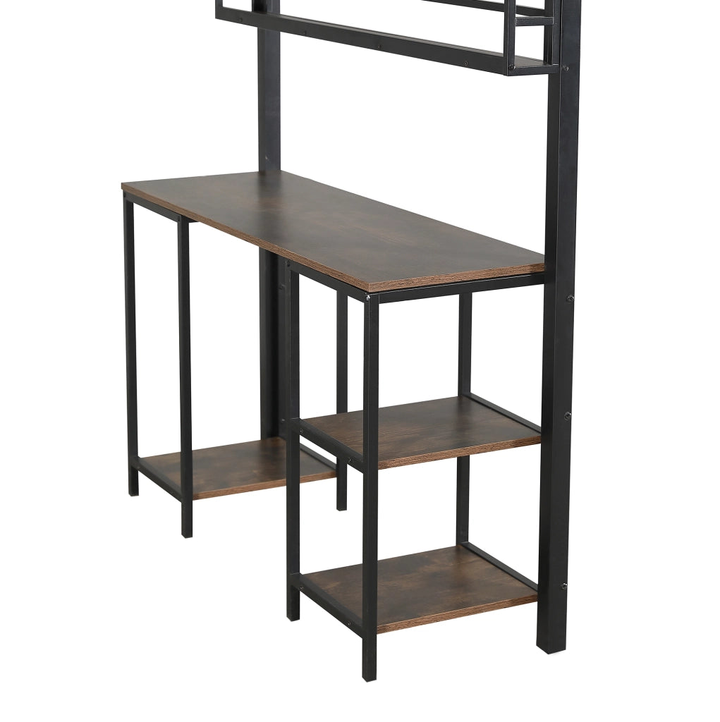 Letto a soppalco ULEVR 120x200 cm con scrivania, scaffale e scale con corrimano, nero e noce scuro