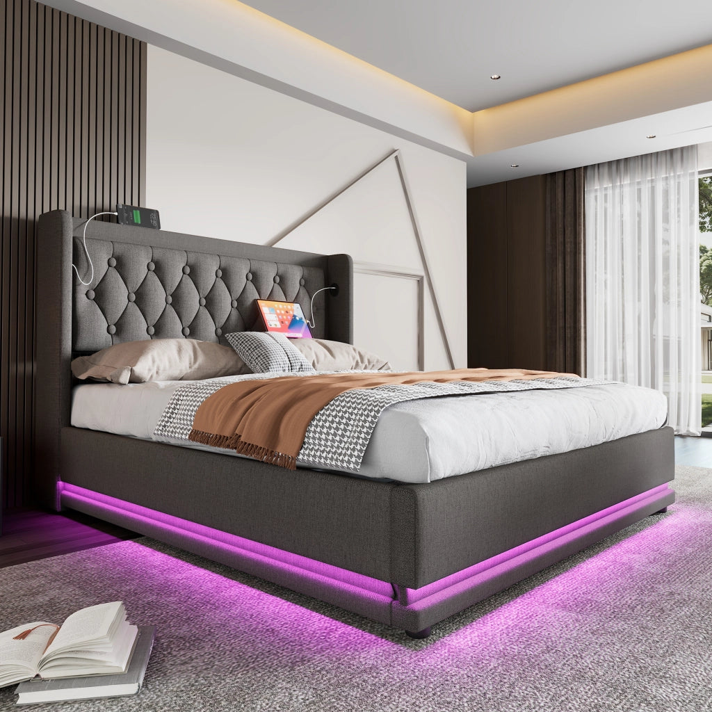 Letto matrimoniale imbottito 180x200 cm in cotone grigio con contenitore; LED e USB Type-C