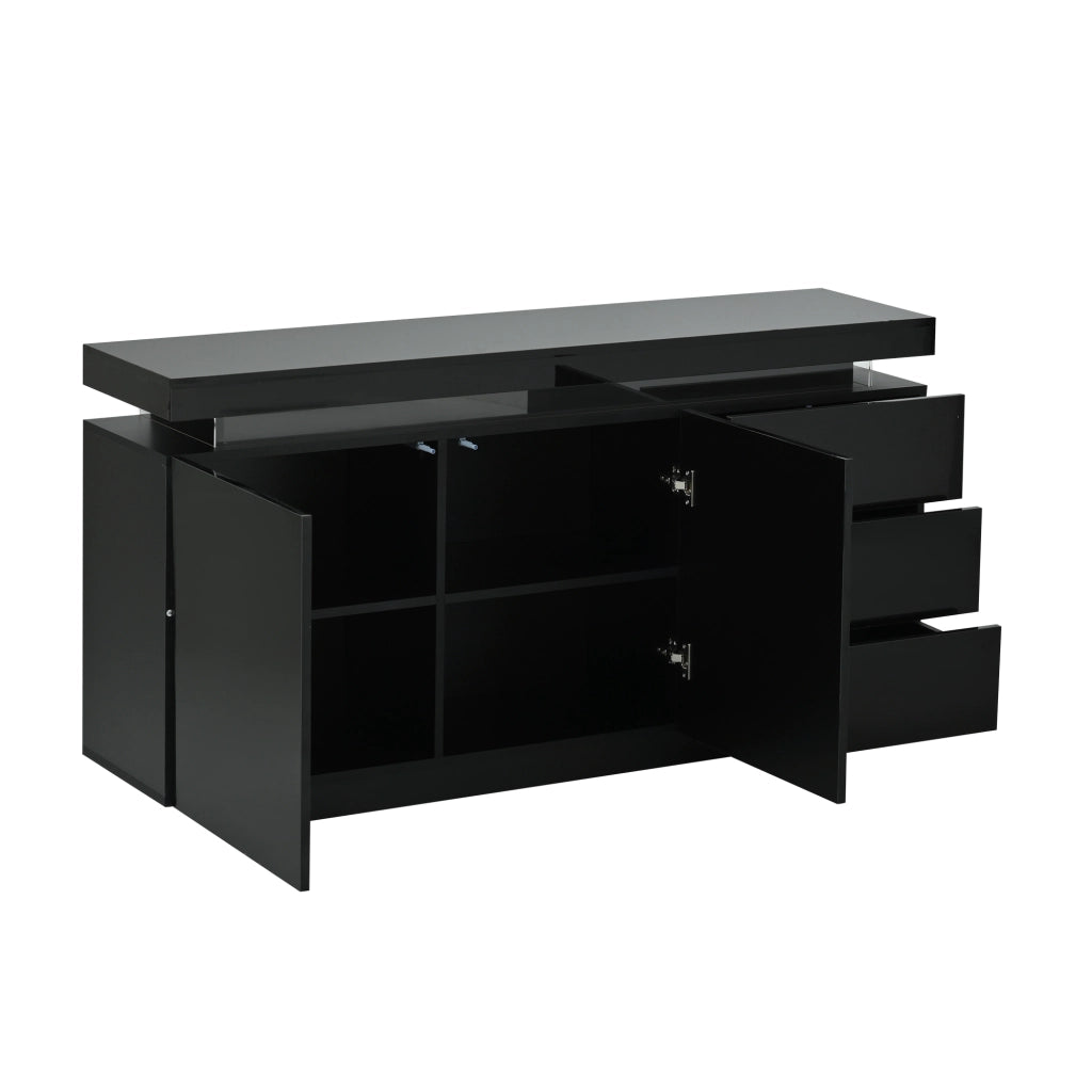 Credenza con 2 ante e 3 cassetti; illuminazione LED - per soggiorno - 140x35x72.5 cm - nera