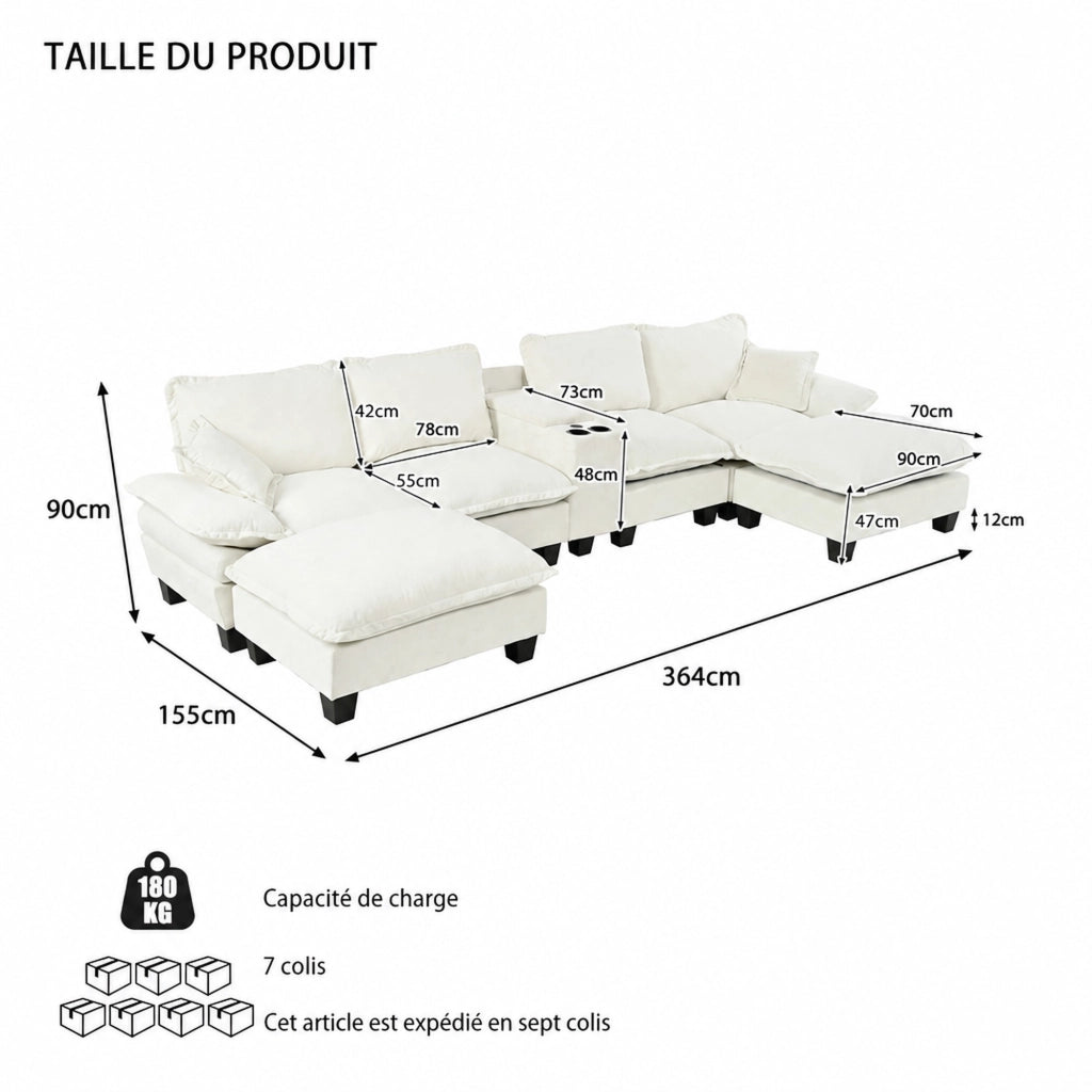 Divano modulare a U con porta USB, portabicchieri, vano contenitore e 2 pouf in ciniglia beige 362 × 151 × 90 cm