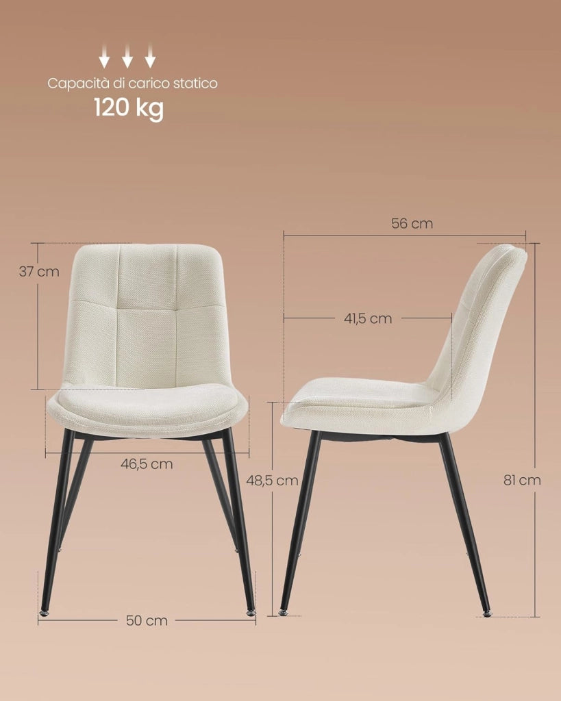 VASAGLE Set di 2 Sedie da Pranzo, Sedia da Cucina, Sedia Imbottita, Tessuto Chenille, Portata 120 kg, Doppio Cuscino, Gambe in Metallo, Moderno, per Sala da Pranzo, Cucina, Bianco Crema KDC151W01