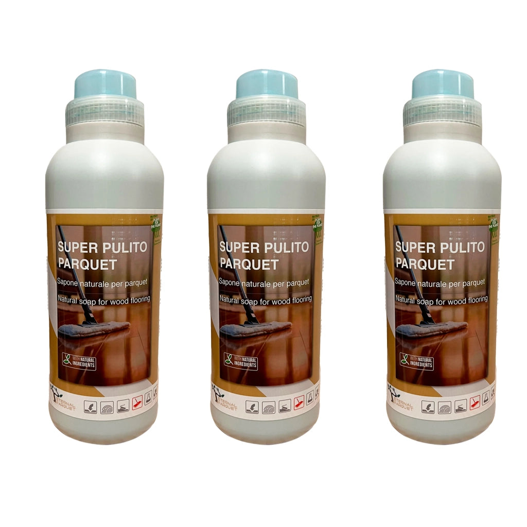 il #n1 - SUPER PULITO PARQUET rivoluzionario detergente NATURALE a PH NEUTRO e protettivi formulato per parquet - Di Eternal Parquet - 3 flaconi da 1 litro
