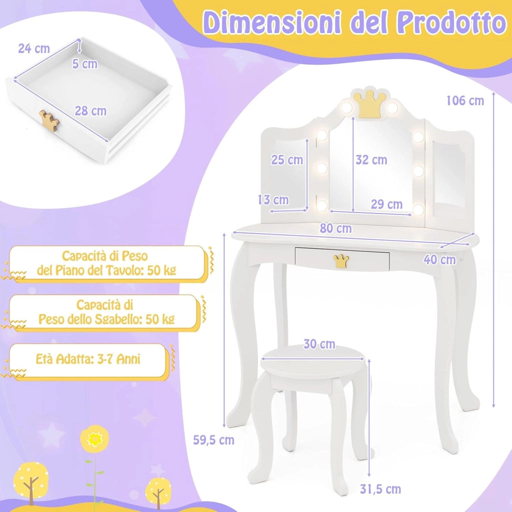 Set Toeletta Trucco per Bambina con Sgabello, Tavolo Trucco Triplo Specchio Staccabile con Luci LED a 3 Colori, Postazione Trucco con Cassetto e Accessori, per Bambine 3-7 Anni (Bianco)