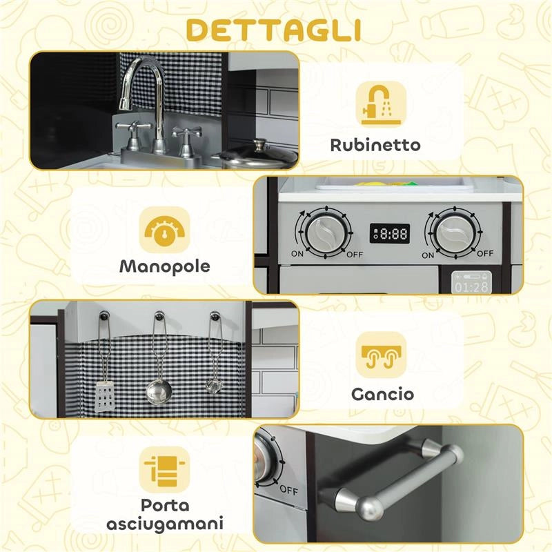 CUCINA GIOCATTOLO PER BAMBINI 3-8 ANNI IN LEGNO CON ACCESSORI, FRIGO, LAVANDINO E MANOPOLE CON SUONI, MARRONE