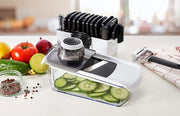 Mandolina Professionale 11 in 1 con 11 Funzioni: Spiraletto, Raspa per Formaggio, Zester, Centrifuga per Succo, Snipper per Gelato, Sfoglia Uova, Lame per Verdure, Lame per Fette, Lame per Fette Sottili, Raspa per Limone, Raspa per Aglio.
