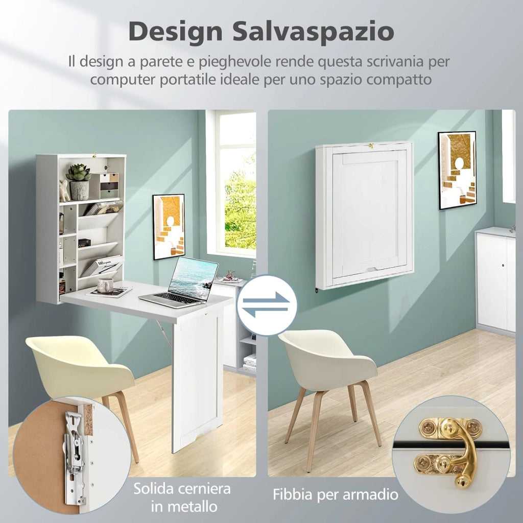 Scrivania Pieghevole da Parete, Tavolo Pieghevole a Muro con Divisorio a 3 Livelli e Ripiani Regolabili, Scrivania Salvaspazio per Cucina, Salotto e Studio, 60 x 94,5 x 151 cm (Bianco)