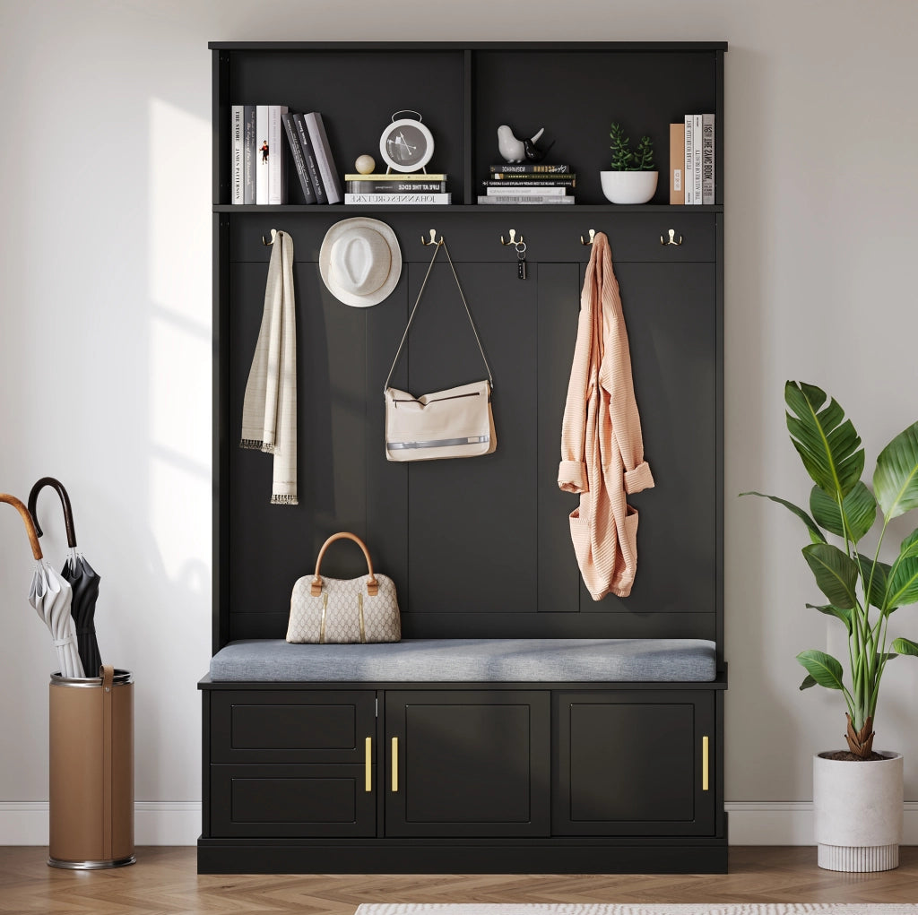 Appendiabiti da ingresso con panca e scarpiera; 6 ganci; nero; 120x40x191 cm