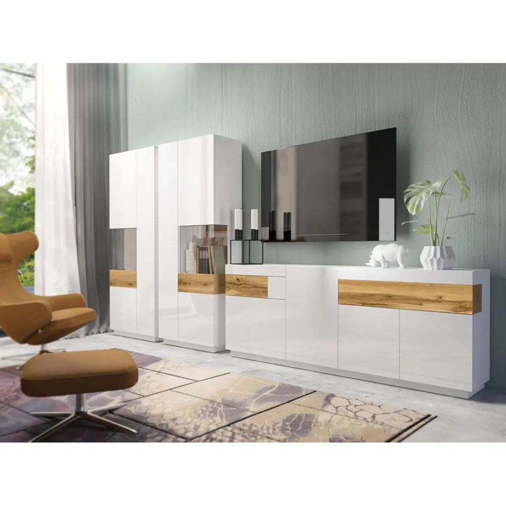 Buffet 3 porte 2 cassetti KILES – Bianco e quercia – Design moderno spazioso