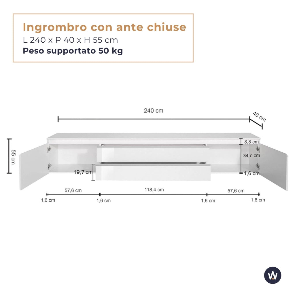 WHOUS Mobile porta tv Magic 2 ante e 2 cassetti centrali cashmere 240x40x55 cm