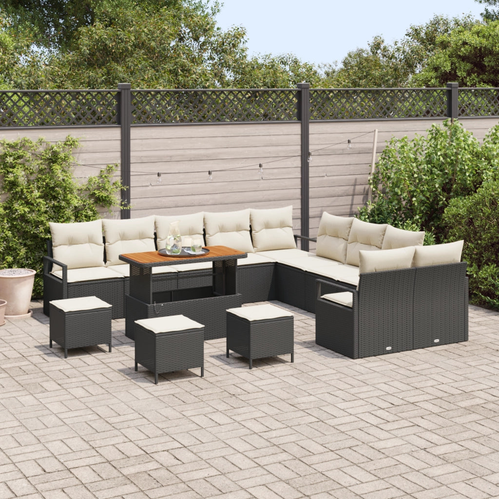 Set Divani Giardino 14 Pezzi con Cuscini Nero Polyrattan Acacia