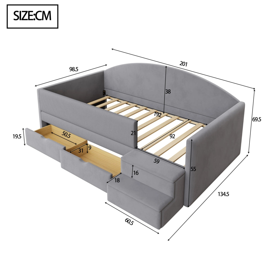 Letto imbottito 90x190 cm con 2 cassetti, sponde protettive e gradini