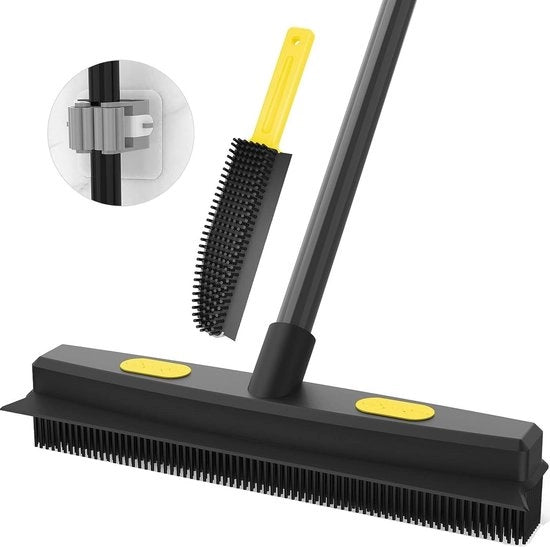 Borsetto per pettinatura di gomma con setola e manico telescopico per pavimenti e divani - giallo/nero