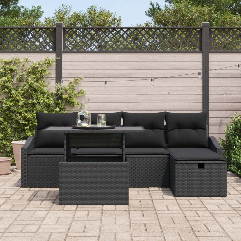 Set Divano da Giardino 6 Pezzi con Cuscini Rattan Nero