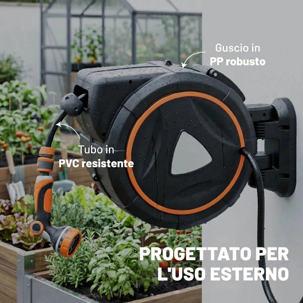 Avvolgitubo Retrattile 28+2 m con Riavvolgimento Automatico e Sistema di Bloccaggio Nero e Arancione