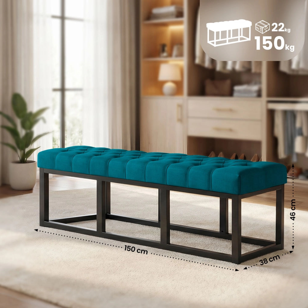 Panca design AMUN in metallo nero opaco e tessuto blu,150 cm