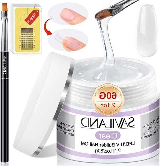 Kit di gel per costruzione - Estensione di gel trasparente per rinforzo e arte - Set di manicure con 100 pezzi di false unghie e spazzola
