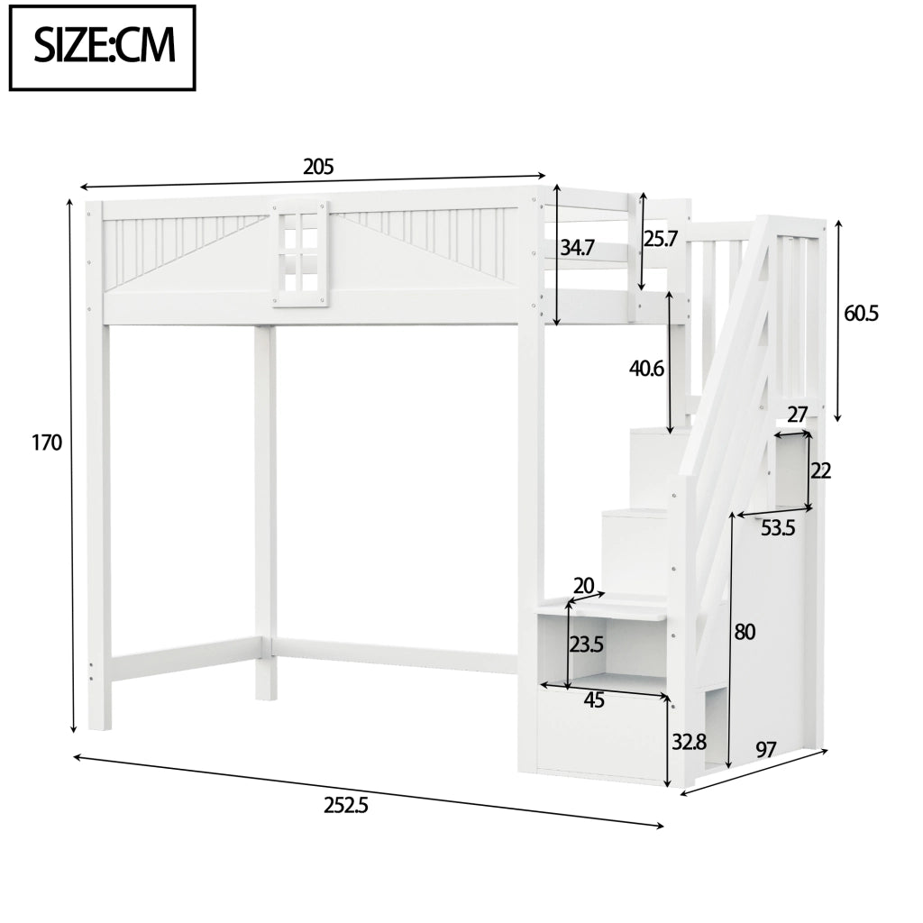 Letto a soppalco 90×200 cm con scala laterale; ripiani e barriera di sicurezza; senza materasso; legno massello; bianco