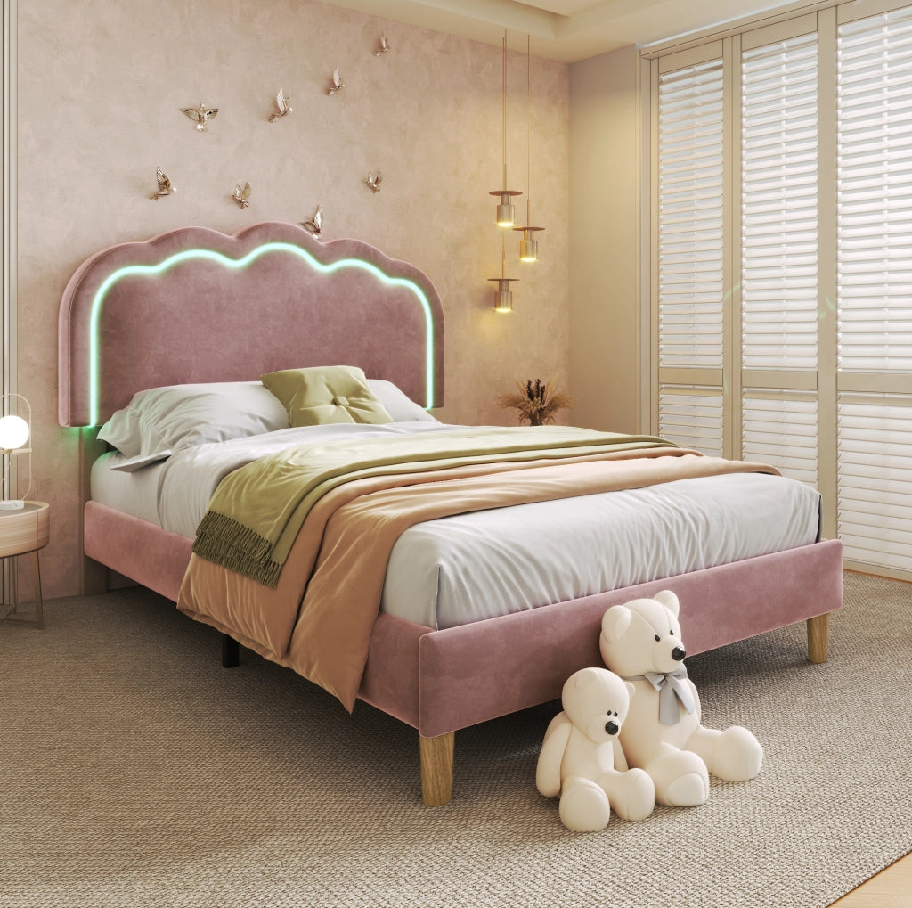 Letto imbottito 90x200 cm; testiera LED regolabile; velluto rosa (Senza materasso)