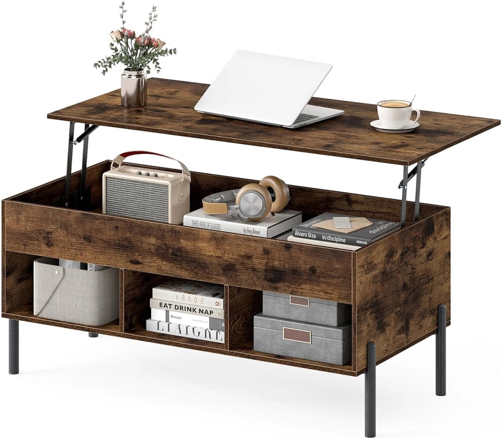 Tavolino da Caffè Sollevabile, Tavolino da Salotto con Piano Regolabile in Altezza, Scomparti e Piedini Antiscivolo, Design Moderno, per Soggiorno, Camera da Letto, Studio (Marrone)
