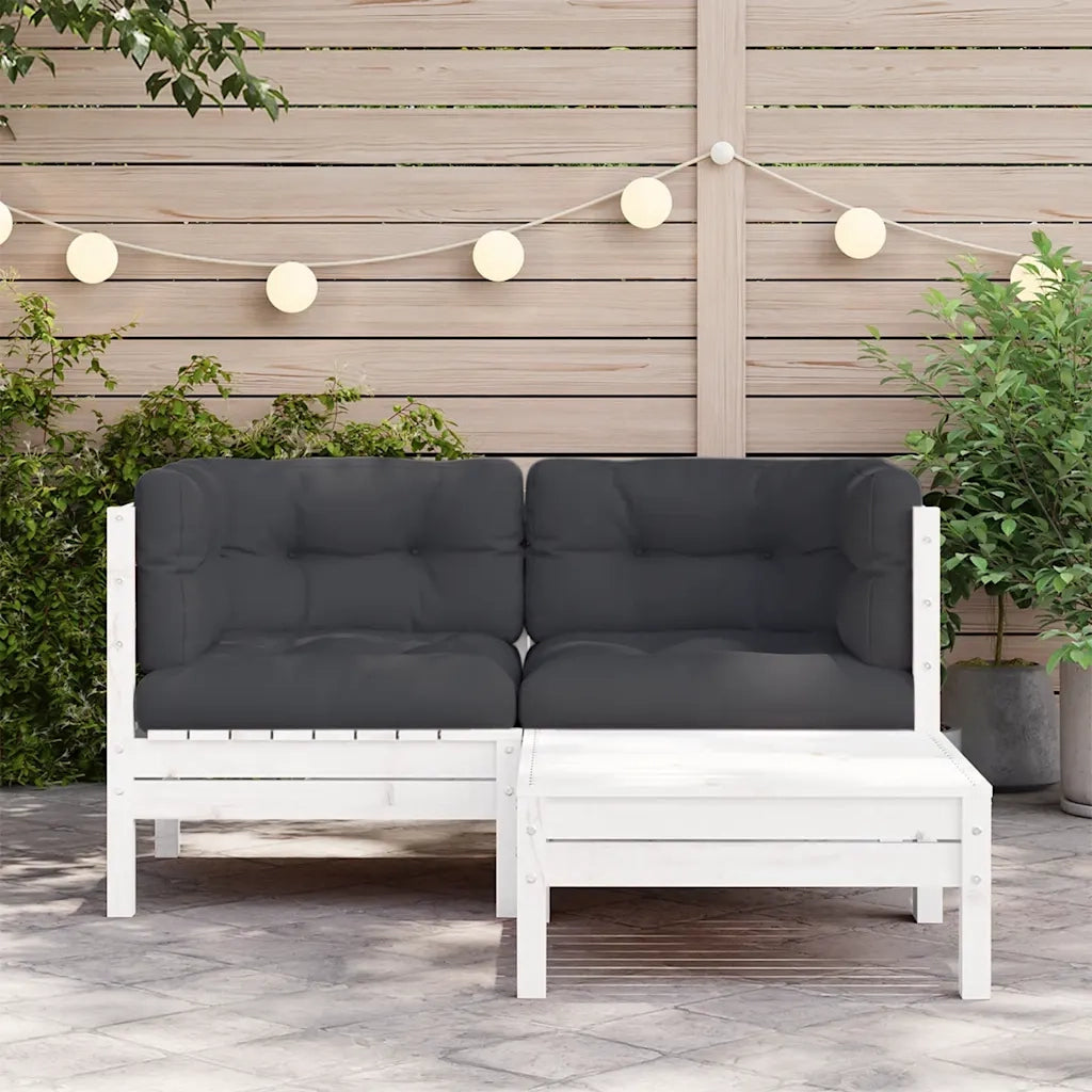 Set Divani da Giardino 3 pz | Set Salotto da Giardino con Cuscini Bianco in Massello Pino