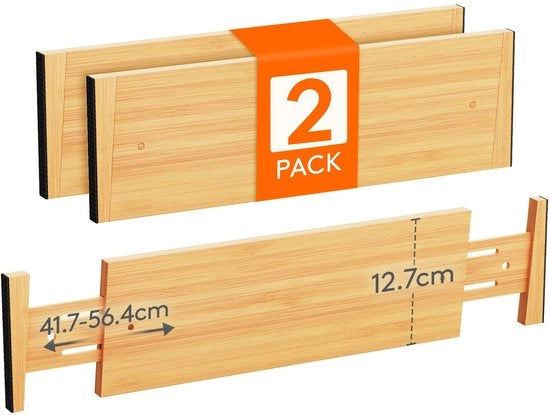 Set di divisori di carico 2 in 1 in bambù naturale, divisori di carico regolabili per altezza 12,7 cm e larghezza 41,7-56,4 cm, sistema di archiviazione per cucina, armadi e scrivanie
