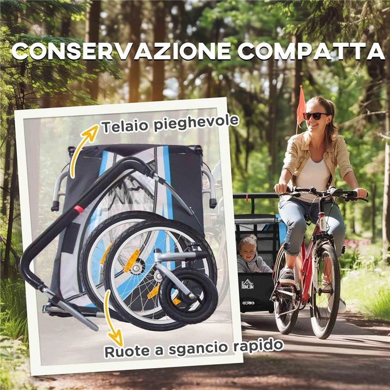 RIMORCHIO BICI PER BAMBINI E PASSEGGINO 2 IN 1 CON CINTURA TASCHE E BANDIERINA BLU