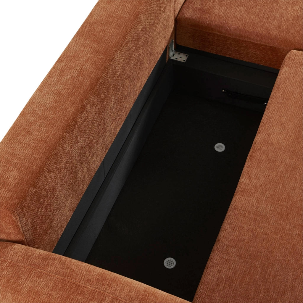Divano angolare in tessuto con vano contenitore, 3 posti, terracotta