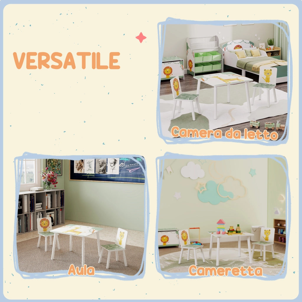 Set Tavolino e 2 Sedie per Bambini 3-8 Anni in MDF Fantasia con Animali Verde