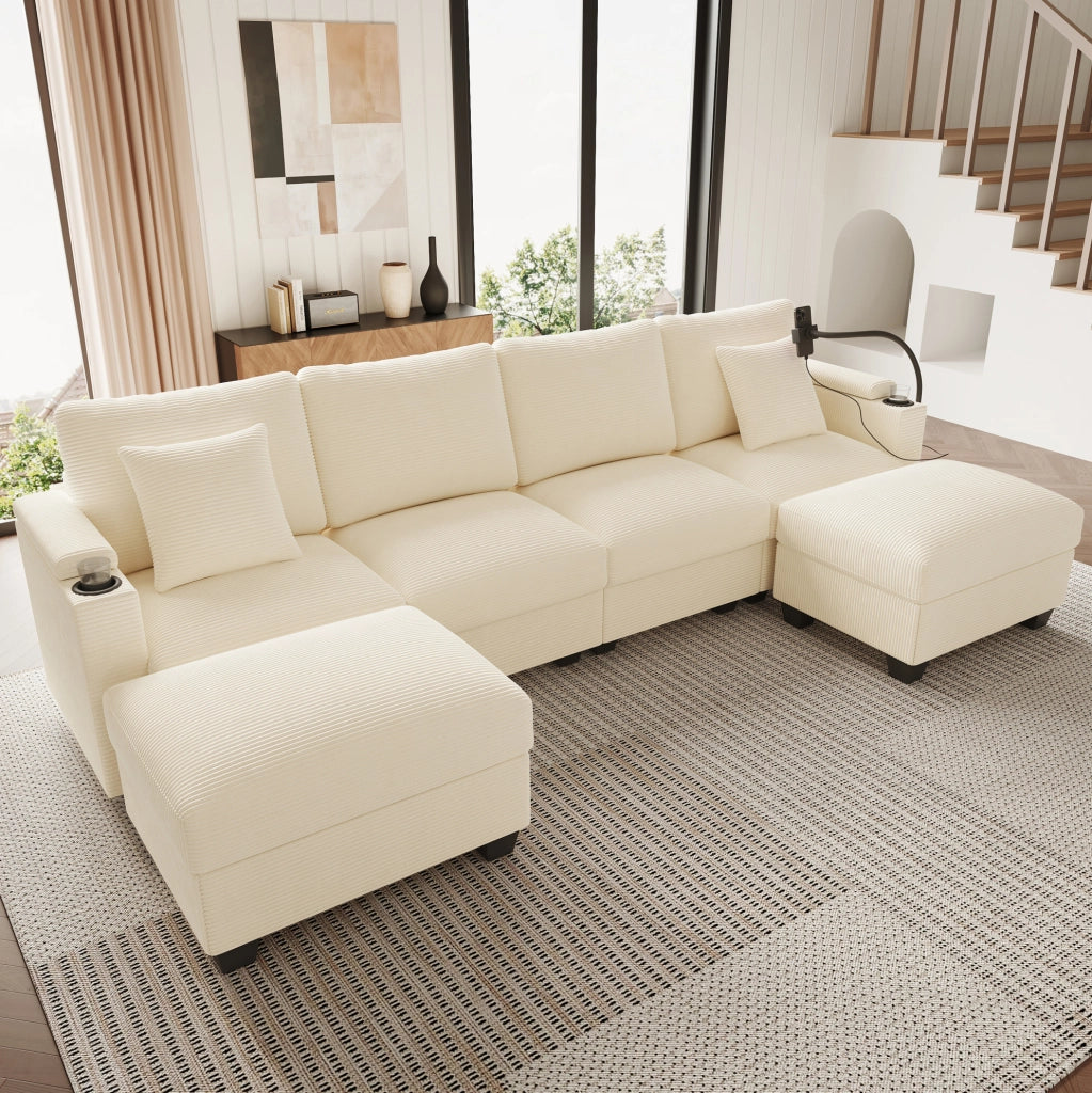 Divano modulare trasformabile a U con USB e USB-C in velluto a coste beige; 275;5×139×87 cm