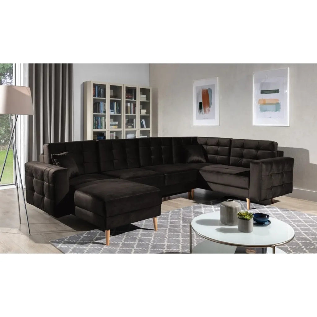 Divano angolare panoramico convertibile U HASGARD 326 cm marrone scuro in velluto con vano contenitore