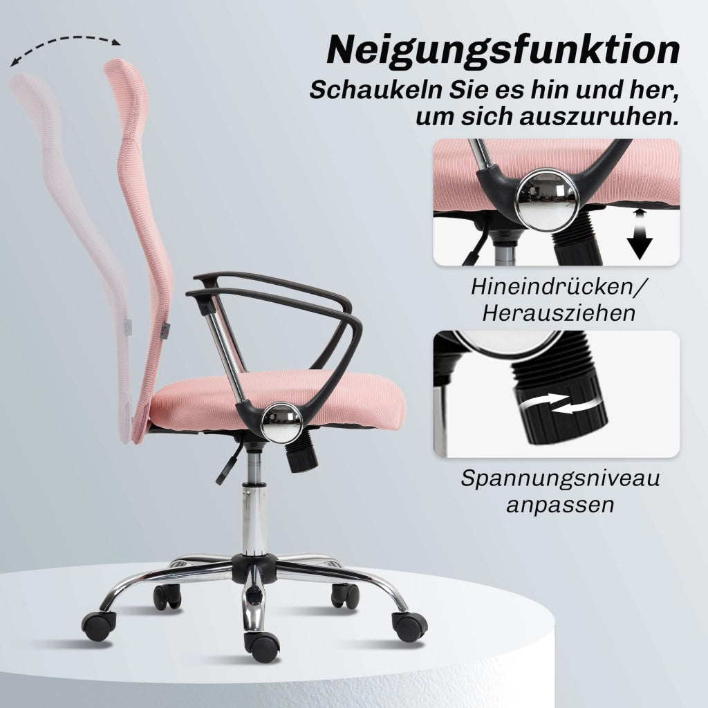 Sedia da Ufficio Ergonomica Regolabile in Altezza con Schienale Rete e Meccanismo a Dondolo ¨C Zephmum ¨C 63x65x109-119 cm Rosa