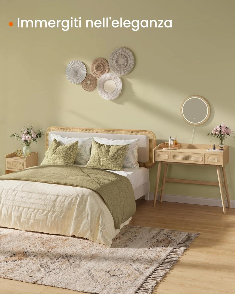 SONGMICS HOME Tavolo da Toeletta con Specchio e Luce, Tavolo da Trucco, 3 Cassetti Effetto Rattan, Luce con 3 Colori, Stile Bohemien, Camera da Letto, Rovere Beige RVT007Y01