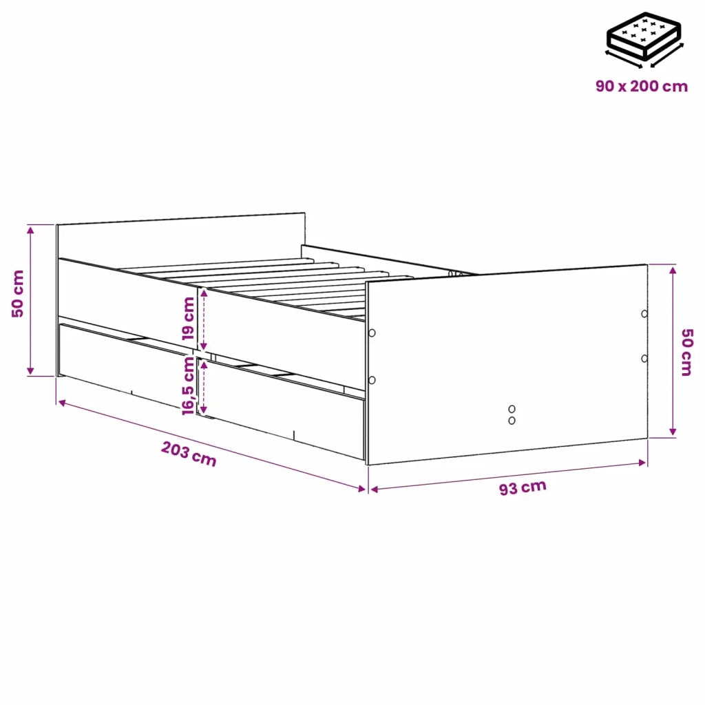 Struttura del letto Rovere Nero 90 x 200 cm 3446587