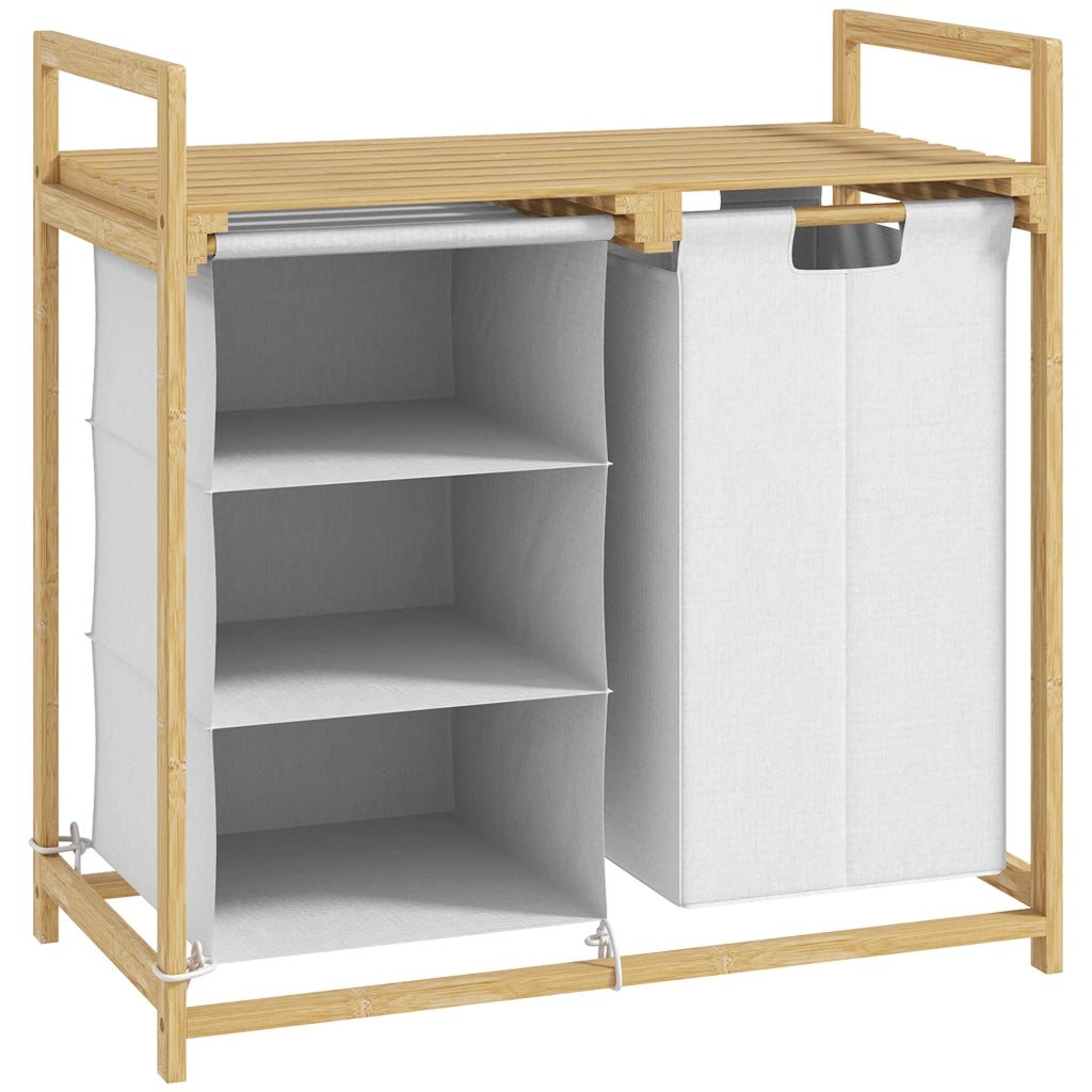Cesto portabiancheria in bambù con 2 sacchi estraibili e ripiano, 70x36x70 cm, bianco