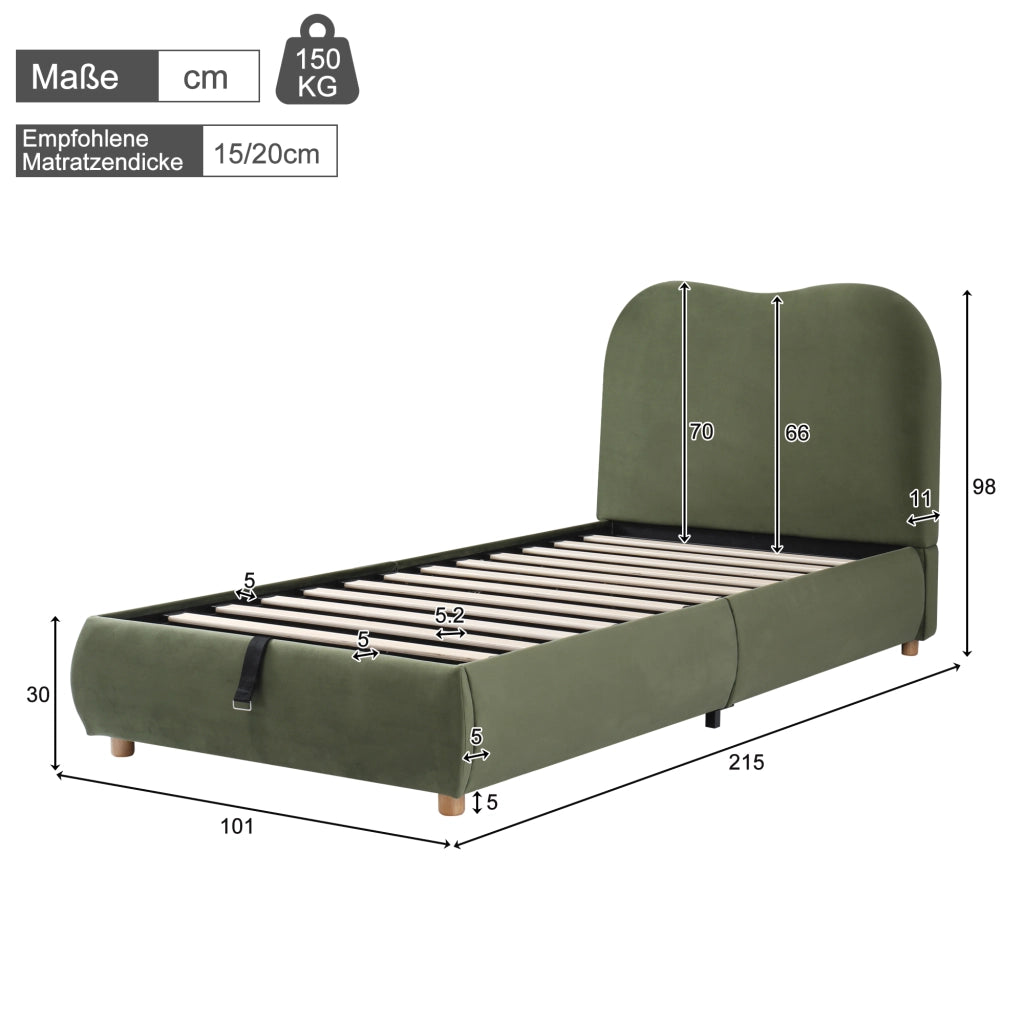 OKWISH Letto contenitore 90×200 cm, Letto Singolo con Vano Contenitore, Testiera Imbottita e Struttura Integrata, senza Materasso, in Velluto, Verde