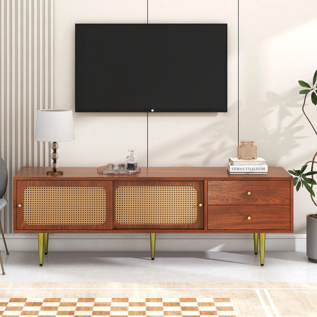 Mobile porta TV con ante scorrevoli in rattan, 2 cassetti, 4 vani e ripiani regolabili, MDF noce 160 × 40 × 60 cm