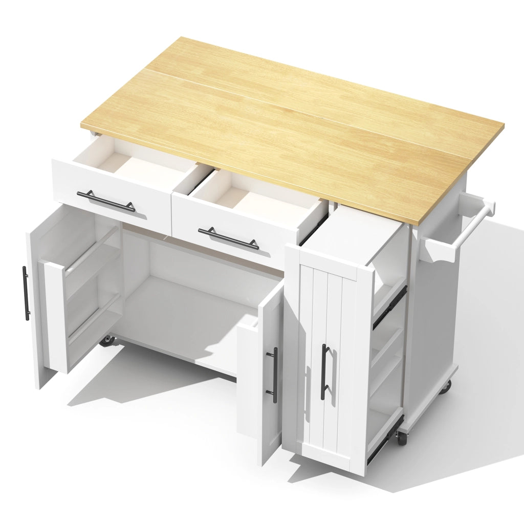 Isola da Cucina Mobile 120x40/65x90 cm Bianca e Legno con Organizer Estraibile, 2 Cassetti e 5 Ruote