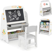Set Tavolo e Sedia per Bambini, Lavagnetta Cancellabile Bambini con Sedia, Scaffale, 2 Contenitori in Tessuto, Gomma e Gessetti, Ideale per Disegno (Grigio)