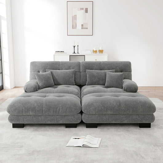 Divano angolare Cloud - Xylo - 2 posti in chenille con 2 cuscini lombari e 2 pouf, grigio