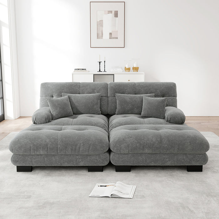 Divano angolare Cloud - Xylo - 2 posti in chenille con 2 cuscini lombari e 2 pouf, grigio