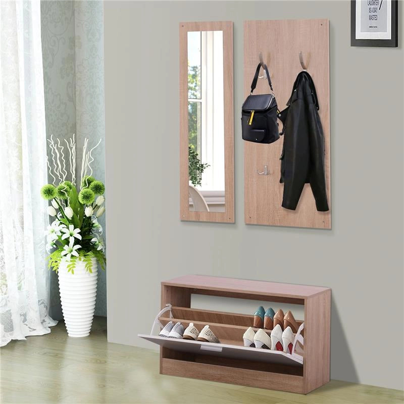 SET 3 PEZZI SCARPIERA APPENDIABITI SPECCHIO DA INGRESSO IN LEGNO 80X27 X46.5 CM