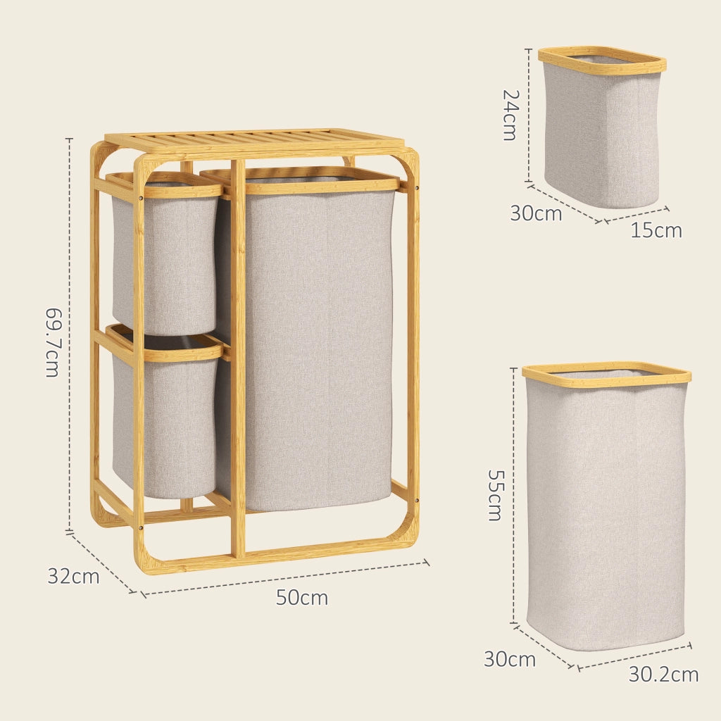 Cestino Portabiancheria con 3 Sacchi e Ripiani ¨C Zephmum ¨C Bamb¨´, Tessuto, 50x32x69.7 cm