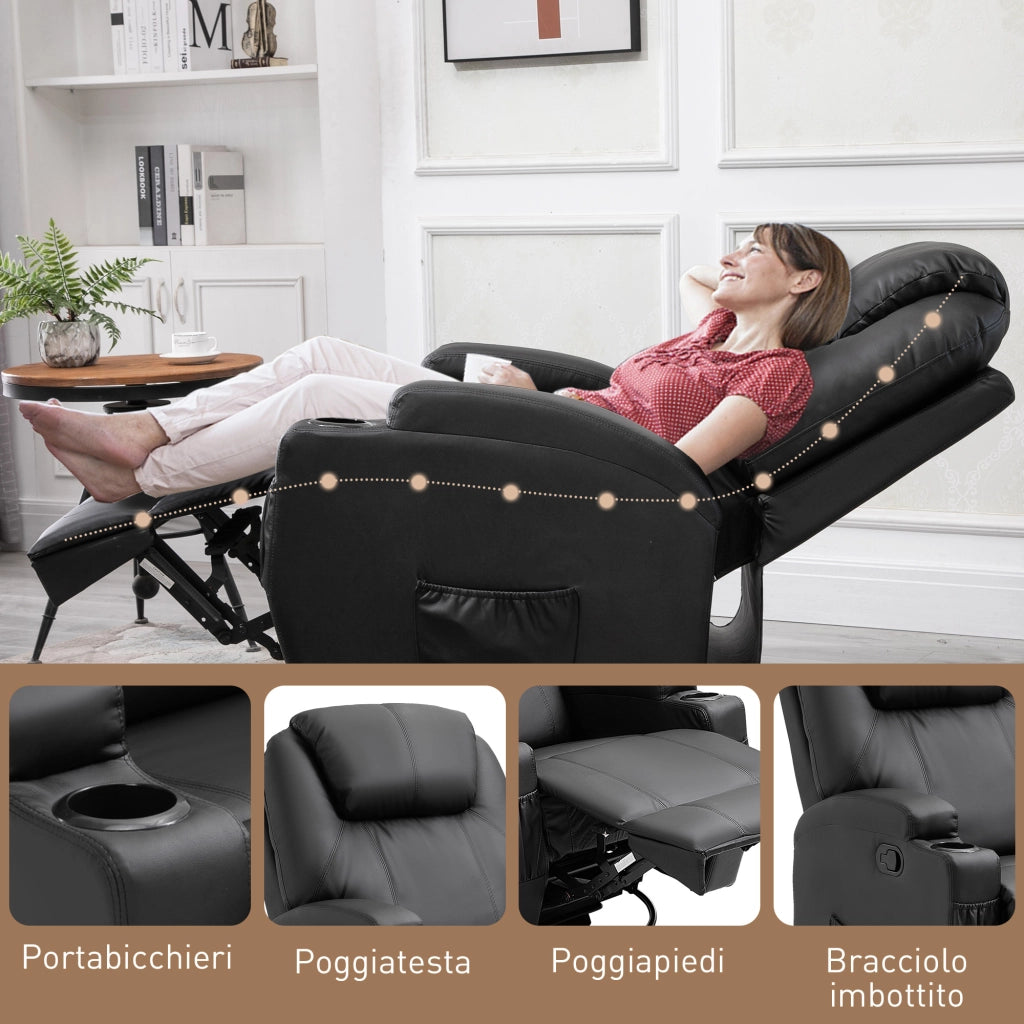 Poltrona Reclinabile Massaggiante Girevole con Dondolo ¨C zephmum ¨C Pelle PU, Nero