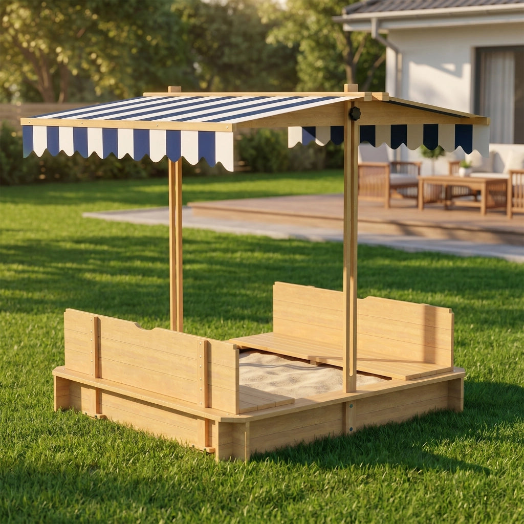 Sabbiera per Bambini in Legno con Tettuccio e Panca ¨C zephmum ¨C 106x106x115 cm Bianco e Blu