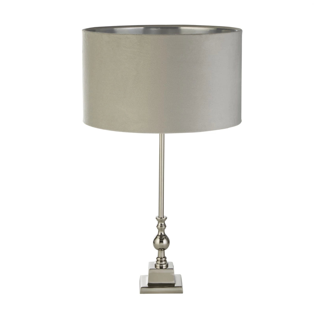 Lampada da tavolo Whitby - Metallo cromato e paralume in velluto grigio